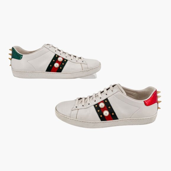 Gucci Pearl-Embellished Ace Sneakers White Leather Size 38.5 US 8.5 Women's - Picture 7 of 15
